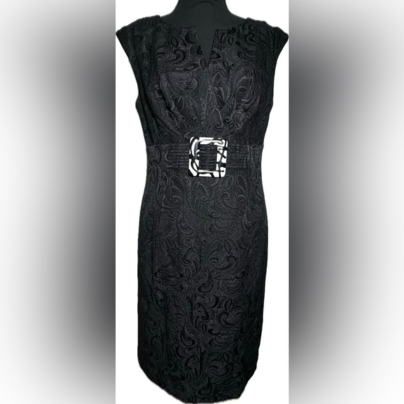 Eliza J Jaquard Buckle Dress Black Floral Print Size 10P - Picture 1 of 7